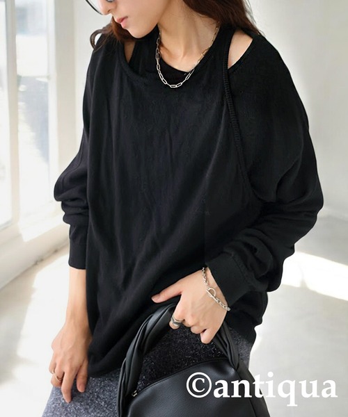 antiqua(アンティカ)の「レイヤード風ニットトップス(ニット/セーター・レディース・グレー/ブラック・ONESIZE)」の2枚目の写真