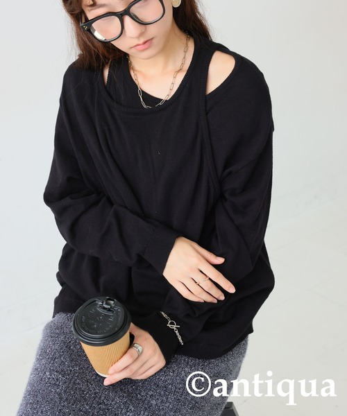 antiqua(アンティカ)の「レイヤード風ニットトップス(ニット/セーター・レディース・グレー/ブラック・ONESIZE)」の6枚目の写真