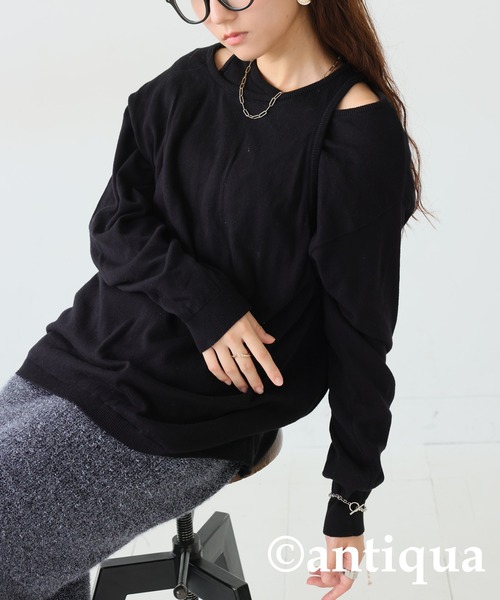 antiqua(アンティカ)の「レイヤード風ニットトップス(ニット/セーター・レディース・グレー/ブラック・ONESIZE)」の5枚目の写真