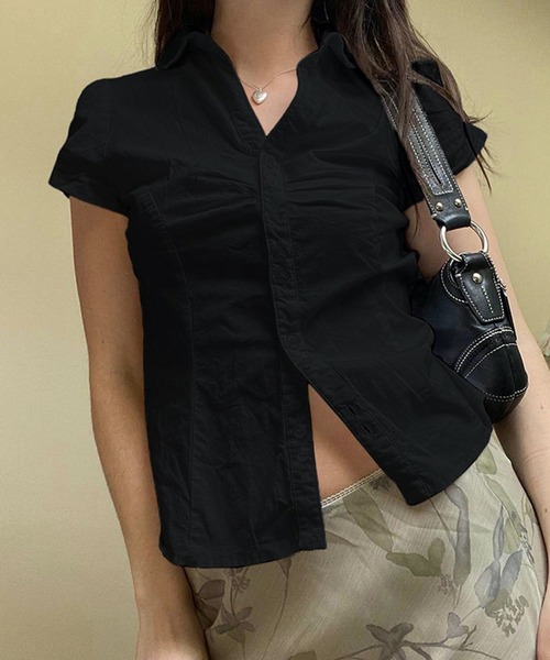 HALEY PESCA(ヘーリーペスカ)の「HALEY PESCA/ギャザー風デザイン タイトミニシャツ(シャツ/ブラウス・レディース・ホワイト/ブラック・SMALL/MEDIUM/LARGE)」の6枚目の写真