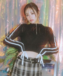 透かし編みニットラインリボントップス