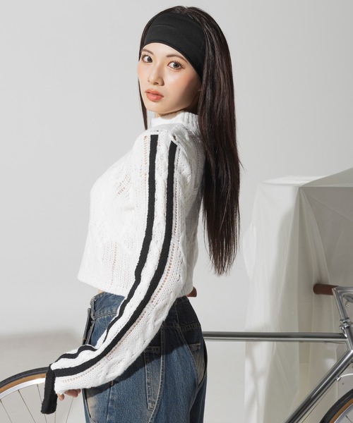 SPIRALGIRL(スパイラルガール)の「透かし編みニットラインリボントップス(ニット/セーター・レディース・ホワイト/ブラック・FREE)」の4枚目の写真