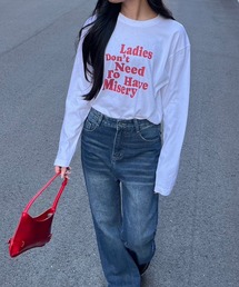 レッドカラープリントロンT/長袖Tシャツ