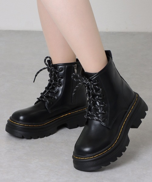 【Loints】FUSION BOOTS レザーレースアップブーツ（36サイズ） セール】レザー調 厚底 レースアップ ショート ブーツ（ブーツ