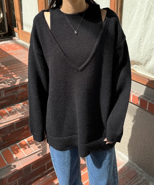 LE MORE（リモア）の「ショルダースリットルーズニット（ニット/セーター・レディース・アイボリー/ブラック/チャコール・FREE）」の4枚目の写真