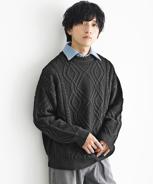 MinoriTY(マイノリティ)の「【MinoriTY】袖ルーズシルエットケーブル編みニットセーター メンズ ビッグシルエット オーバーサイズ 春服 冬服(ニット/セーター・メンズ・ブラック/ベージュ/ブラウン/ライトベージュ/ライトブラウン/ダークブラック/ボルドー/カーキ・S/M/L)」の2枚目の写真