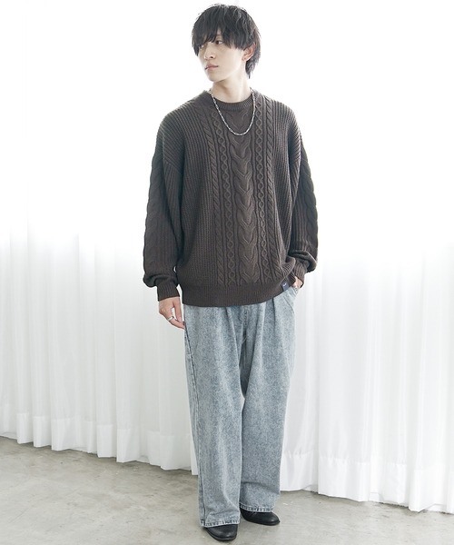 MinoriTY】袖ルーズシルエットケーブル編みニットセーター