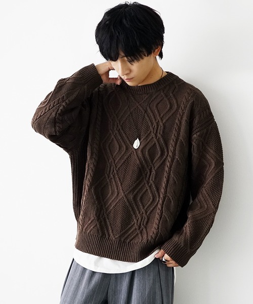 MinoriTY(マイノリティ)の「【MinoriTY】袖ルーズシルエットケーブル編みニットセーター メンズ ビッグシルエット オーバーサイズ 春服 冬服(ニット/セーター・メンズ・ブラック/ベージュ/ブラウン/ライトベージュ/ライトブラウン/ダークブラック/ボルドー/カーキ・S/M/L)」の19枚目の写真