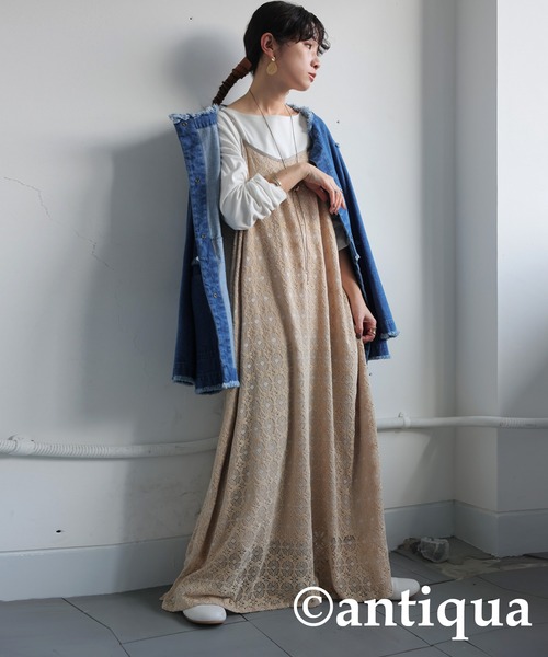 antiqua(アンティカ)の「ベロアレースキャミワンピース(ワンピース・レディース・ブラック/ベージュ・ONESIZE)」の6枚目の写真