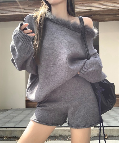 gossip!ロサンゼルス(ゴシップロサンゼルス)の「Y2K エコファー ニット ガーリーセットアップ(アンサンブル・レディース・グレー/ブラウン・FREE)」の7枚目の写真