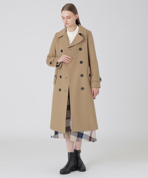 バーバリーブルーレーベル ノーカラー グレージュ ダブルブレスト トレンチコート BLUE LABEL CRESTBRIDGE（ブルーレーベルクレストブリッジ）の
