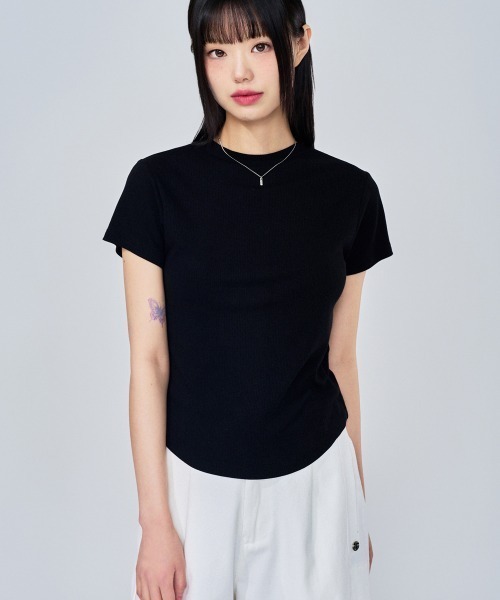 ACOVER（オコボ）の「A'GEM/9 × .kom 『ACOVER/オコボ』 Essential Golji Short Sleeve T-shirt/エッセンシャルリブ半袖TEE（Tシャツ/カットソー・レディース・ホワイト/グレー/ブラック・FREE）」の4枚目の写真