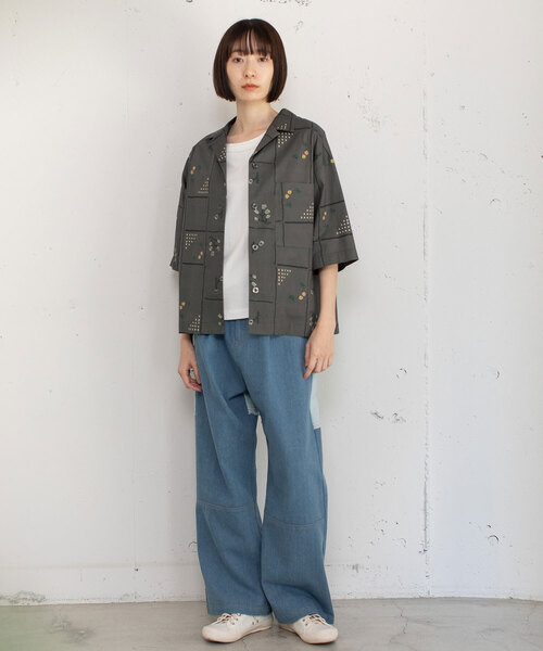 POU DOU DOU（プードゥドゥ）の「ステッチプリント開襟シャツ（シャツ/ブラウス・レディース・オフホワイト/ダークグレー・M）」の8枚目の写真