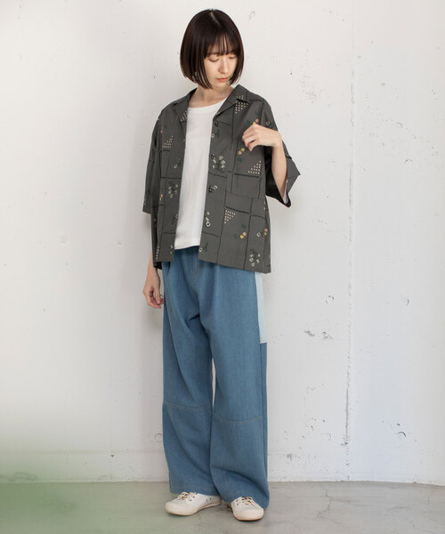 POU DOU DOU（プードゥドゥ）の「ステッチプリント開襟シャツ（シャツ/ブラウス・レディース・オフホワイト/ダークグレー・M）」の9枚目の写真