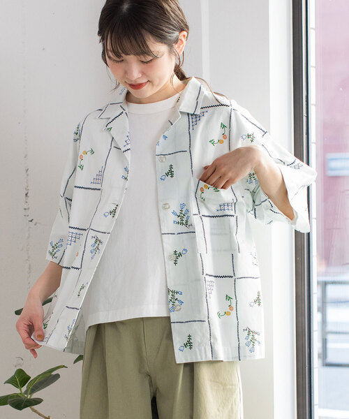 POU DOU DOU（プードゥドゥ）の「ステッチプリント開襟シャツ（シャツ/ブラウス・レディース・オフホワイト/ダークグレー・M）」の13枚目の写真