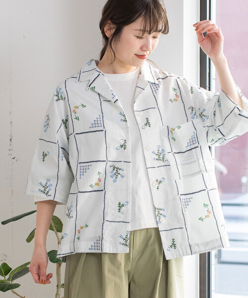 POU DOU DOU（プードゥドゥ）の「ステッチプリント開襟シャツ（シャツ/ブラウス・レディース・オフホワイト/ダークグレー・M）」の14枚目の写真