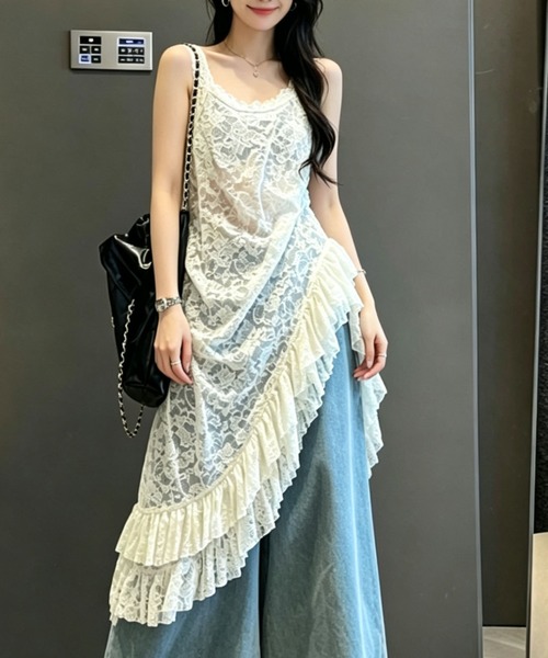 gossip!ロサンゼルス(ゴシップロサンゼルス)の「アシンメトリーフリル 総レースレイヤードキャミロングワンピース(ワンピース・レディース・オフホワイト/ブラック・FREE)」の1枚目の写真