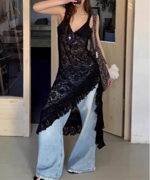 gossip!ロサンゼルス(ゴシップロサンゼルス)の「アシンメトリーフリル 総レースレイヤードキャミロングワンピース(ワンピース・レディース・オフホワイト/ブラック・FREE)」の10枚目の写真