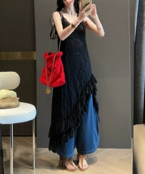 gossip!ロサンゼルス(ゴシップロサンゼルス)の「アシンメトリーフリル 総レースレイヤードキャミロングワンピース(ワンピース・レディース・オフホワイト/ブラック・FREE)」の16枚目の写真