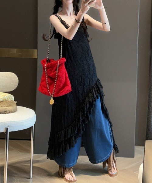 gossip!ロサンゼルス(ゴシップロサンゼルス)の「アシンメトリーフリル 総レースレイヤードキャミロングワンピース(ワンピース・レディース・オフホワイト/ブラック・FREE)」の20枚目の写真
