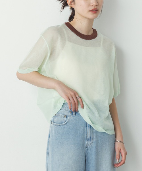 hunch(ハンチ)の「バイカラー シアー半袖ニット(ニット/セーター・レディース・ライトグレー/ライトグリーン/ライトブルー・FREE)」の2枚目の写真