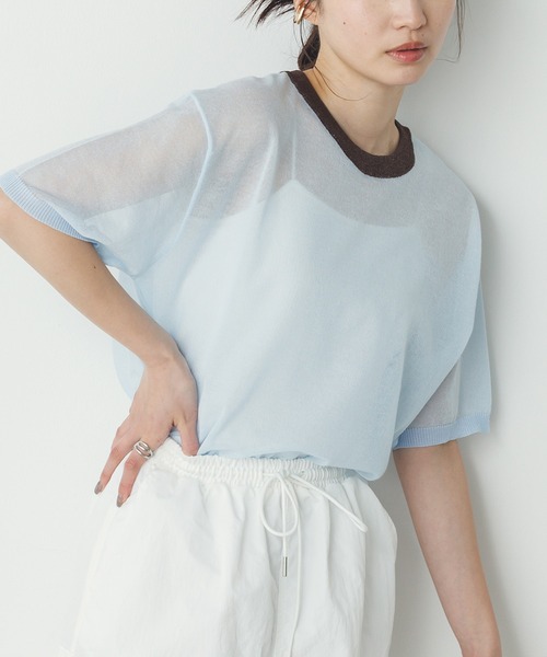 hunch(ハンチ)の「バイカラー シアー半袖ニット(ニット/セーター・レディース・ライトグレー/ライトグリーン/ライトブルー・FREE)」の3枚目の写真