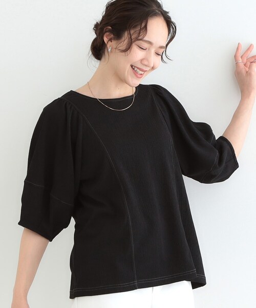 DRESKIP(ドレスキップ)の「【洗える/S-LL/UV】 配色ステッチがアクセント 大人のデザイントップス(Tシャツ/カットソー・レディース・オフホワイト/ブラック/スモーキーグリーン系・01/02/03/04)」の2枚目の写真