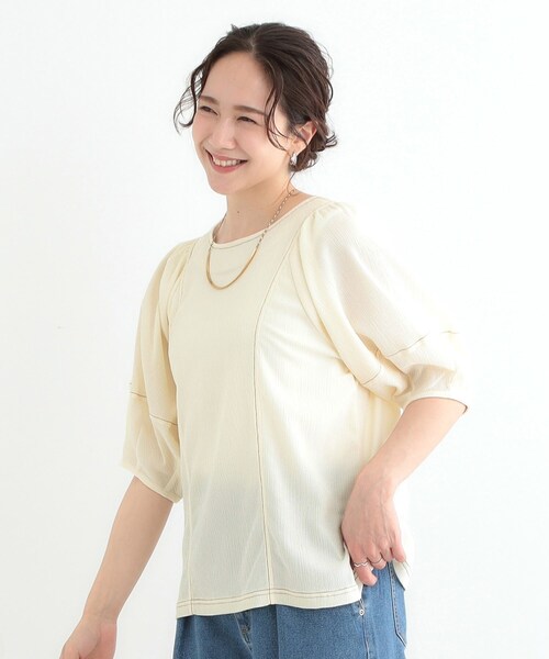 DRESKIP(ドレスキップ)の「【洗える/S-LL/UV】 配色ステッチがアクセント 大人のデザイントップス(Tシャツ/カットソー・レディース・オフホワイト/ブラック/スモーキーグリーン系・01/02/03/04)」の12枚目の写真