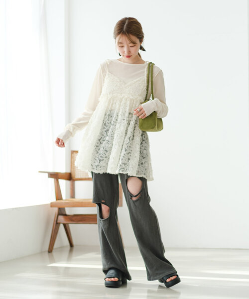 kastane ウェーブ刺繍チュールチュニック Kastane チュニック 「前後2WAY」ウェーブ刺繍チュール
