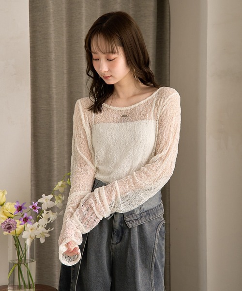 mideal(マイディール)の「long sleeve sheer inner / ロングスリーブシアーインナー(Tシャツ/カットソー・レディース・ミント/ピンク/アイボリー/ブラック/ブラウン/ブルー・FREE)」の7枚目の写真