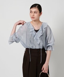 BEAUTY&YOUTH UNITED ARROWS（ビューティーアンドユースユナイテッドアローズ）の「ストライプ ラッフル ハーフスリーブ シャツ（シャツ/ブラウス）」