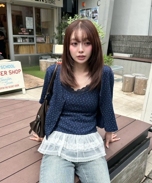 RAY CASSIN（レイカズン）の「5分袖パターンメッシュフリルキャミセット（Tシャツ/カットソー・レディース・ライトグレー/レッド/ブルー系その他2・FREE）」の2枚目の写真