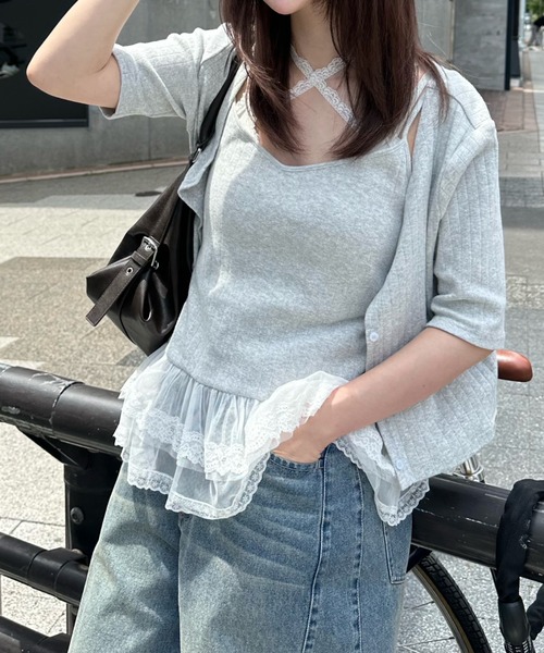 RAY CASSIN（レイカズン）の「5分袖パターンメッシュフリルキャミセット（Tシャツ/カットソー・レディース・ライトグレー/レッド/ブルー系その他2・FREE）」の8枚目の写真