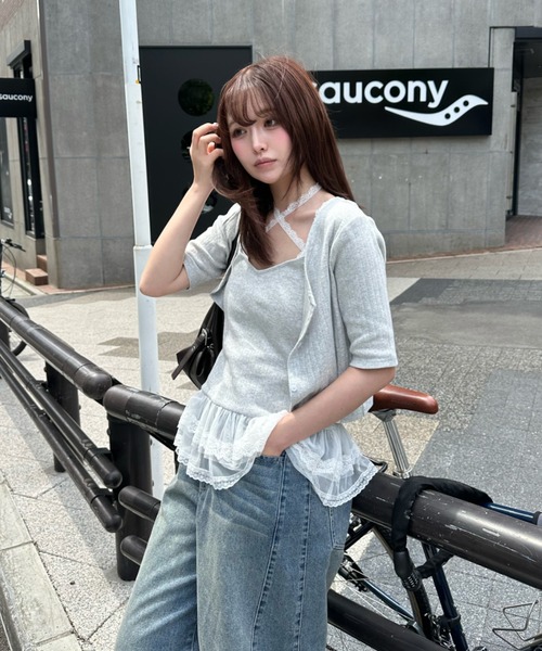 RAY CASSIN（レイカズン）の「5分袖パターンメッシュフリルキャミセット（Tシャツ/カットソー・レディース・ライトグレー/レッド/ブルー系その他2・FREE）」の10枚目の写真