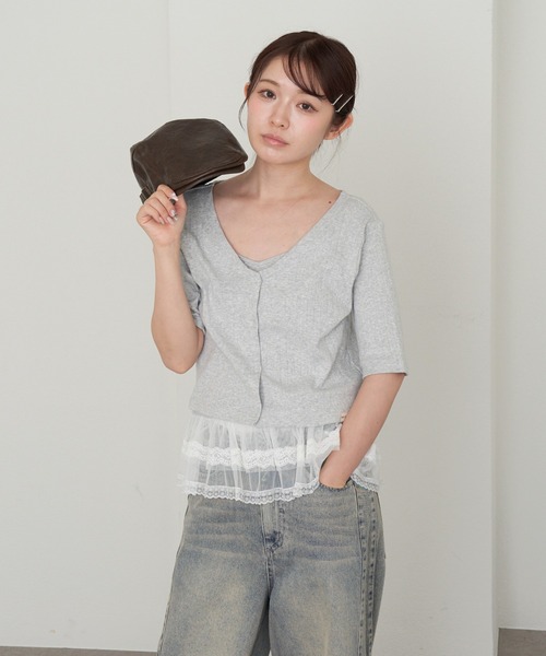 RAY CASSIN（レイカズン）の「5分袖パターンメッシュフリルキャミセット（Tシャツ/カットソー・レディース・ライトグレー/レッド/ブルー系その他2・FREE）」の14枚目の写真