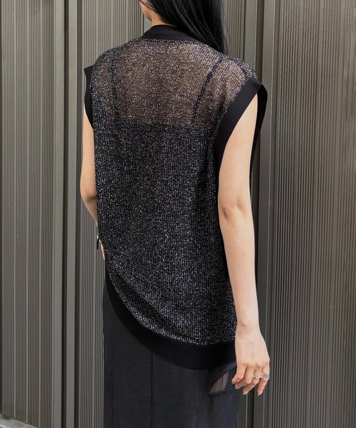 &g'aime（アンジェム）の「【＆g'aime】ラメメッシュ編みカーディガン　Lurex Mesh Knit Cardigan（ベスト・レディース・ブラック/グレイッシュベージュ・FREE）」の7枚目の写真