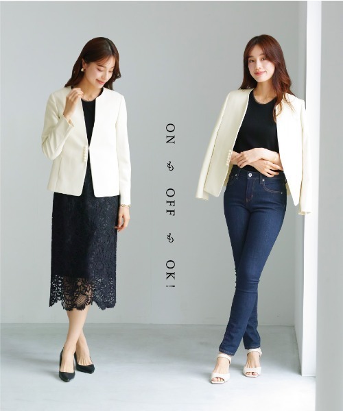 WHITE JOOLA（ホワイトジョーラ）の「UV CUT･速乾・接触冷感･防シワ・ストレッチ･手洗い可【多機能すぎるジャケット】ダブルピケクロス・パール調デザインカラーレスジャケット（ノーカラージャケット・レディース・ネイビー/アイボリー/ブラック・S/M/L/LL）」の20枚目の写真