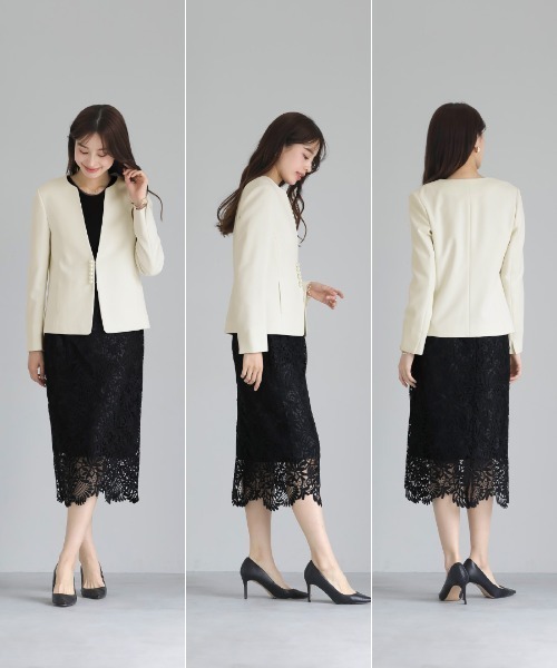 WHITE JOOLA（ホワイトジョーラ）の「UV CUT･速乾・接触冷感･防シワ・ストレッチ･手洗い可【多機能すぎるジャケット】ダブルピケクロス・パール調デザインカラーレスジャケット（ノーカラージャケット・レディース・ネイビー/アイボリー/ブラック・S/M/L/LL）」の9枚目の写真