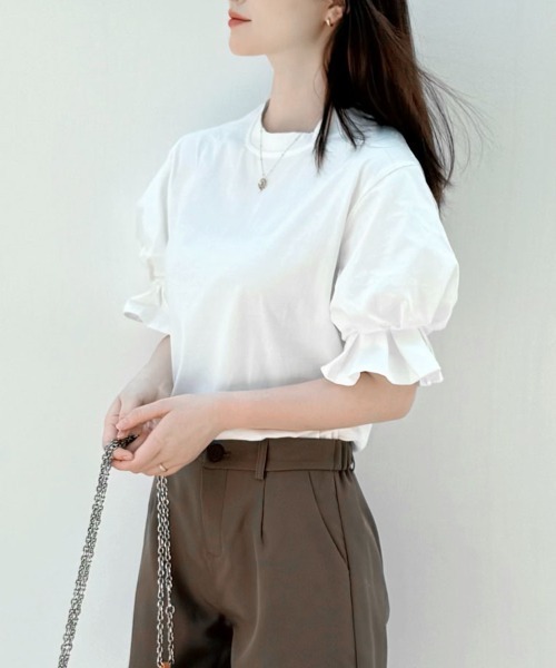shoppinggo(ショッピングゴー)の「夏服Tシャツ パフスリーブトップス レディース(Tシャツ/カットソー・レディース・ホワイト/ブラック・M/L)」の6枚目の写真
