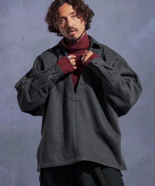 Jih Nunc（ジーヌンク）の「ms6172-ディープスキッパー起毛プルオーバーシャツ（シャツ/ブラウス・メンズ・グレー/ライトベージュ/ブラック・L/M/S）」の2枚目の写真