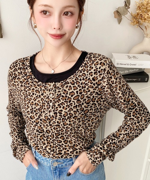 セール】レオパードプリントレイヤード風ヘンリーロンT（Tシャツ