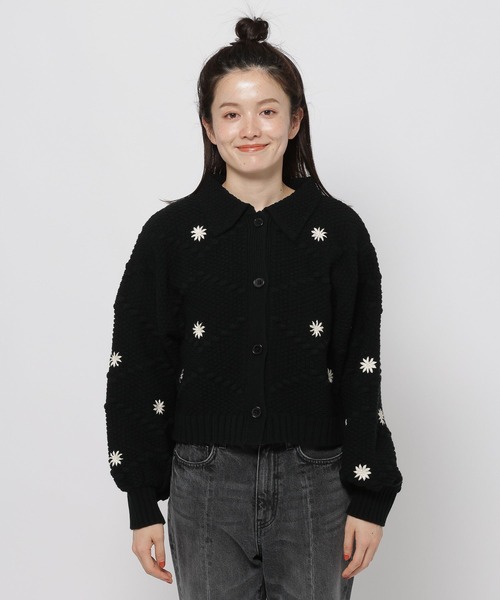 Rene フラワー刺繍カーディガン　パール　ブラック 36 Rene フラワー刺繍カーディガン パール ブラック 36 80～90s