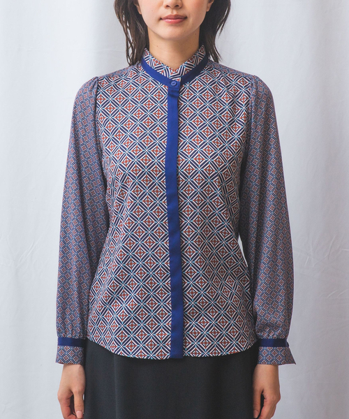 セール】【NARACAMICIE】幾何柄サテンボウタイ付長袖ブラウス（シャツ
