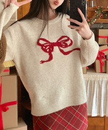 配色 リボン リブ ニット プルオーバー