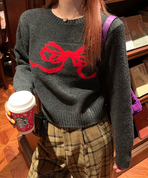 Lace Ladies（レースレディース）の「配色 リボン リブ ニット プルオーバー（ニット/セーター・レディース・ブラウン/ダークグレー/アイボリー・FREE）」の2枚目の写真
