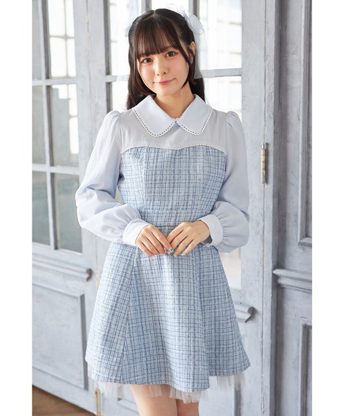 Suyunn(スユン)の「2WAYリボン付きラメツイードドッキングワンピース(ワンピース・レディース・ブルー/ピンク・M)」の9枚目の写真