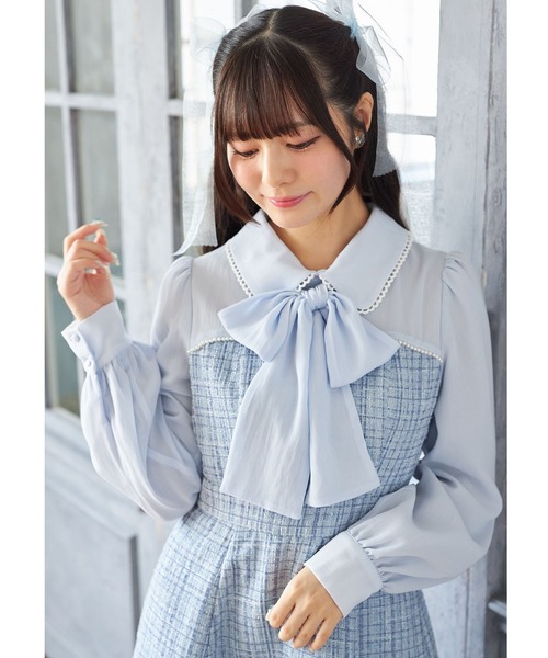 Suyunn(スユン)の「2WAYリボン付きラメツイードドッキングワンピース(ワンピース・レディース・ブルー/ピンク・M)」の6枚目の写真