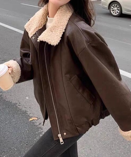 あさ　LE 17 SEPTEMBRE　定価7.5万　ブルゾン　茶色 セール】【1枚でキマる、映えバランス！】フェイクレザーボア