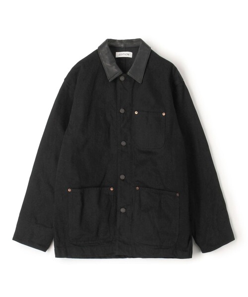 ブラックデニム レザーカラーカバーオール（ブルゾン）｜EDITION