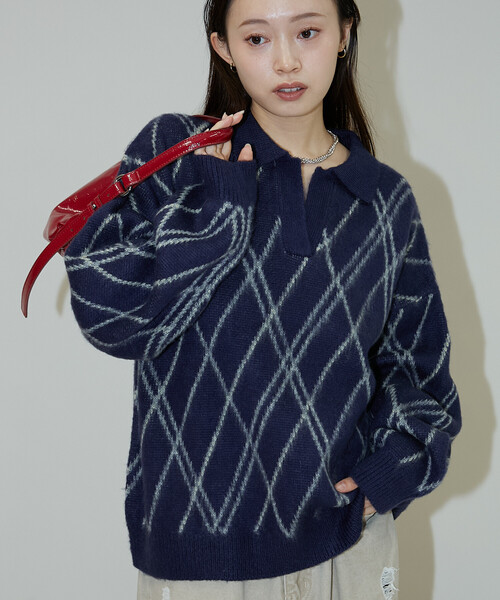 PUBLUX(パブリュクス)の「PUBLUX/パブリュクス チェック柄 モヘアタッチ スキッパーニット 限定展開(ニット/セーター・レディース・ブラウン/ネイビー/グレー・フリ-)」の2枚目の写真